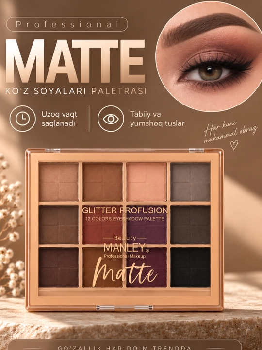 Mat tenlar palitrasi MATTE PROFESSIONAL, 10 xil rangga ega, ko'z va qovoqlar uchun tenlar