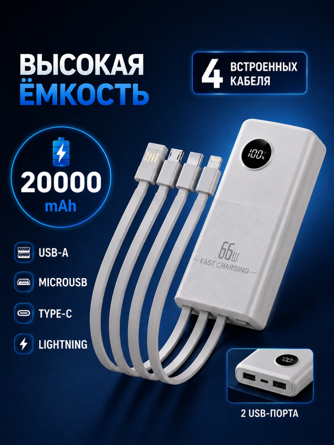 Powerbank iphone, 10 000/20 000mAh,4 tasi 1 da kabelli tashqi akkumulyator