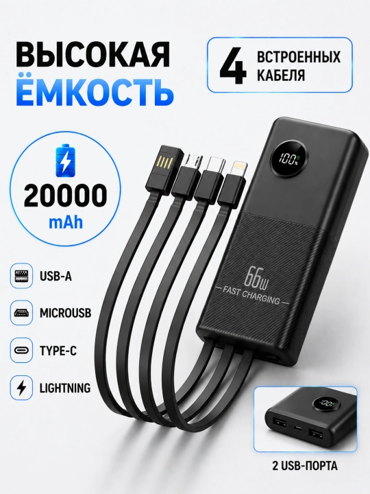 Powerbank iphone, 10 000/20 000mAh,4 tasi 1 da kabelli tashqi akkumulyator