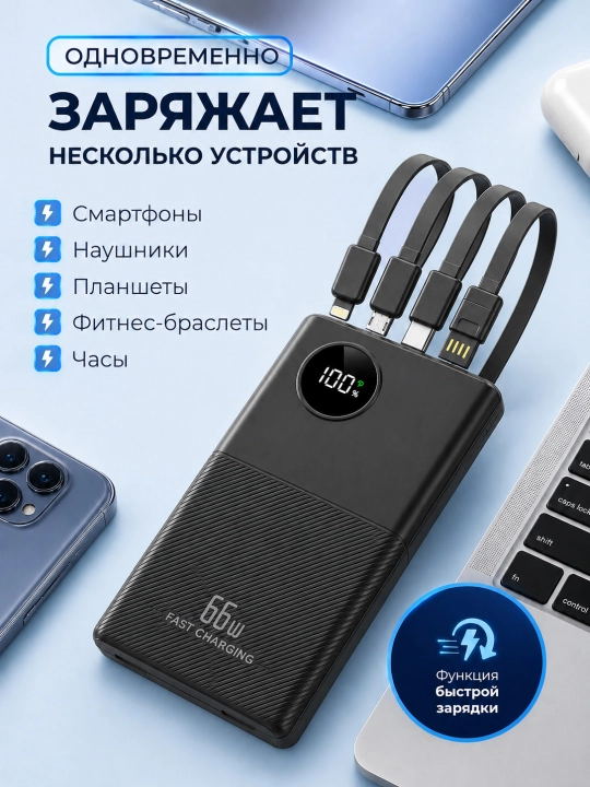 Powerbank iphone, 10 000/20 000mAh,4 tasi 1 da kabelli tashqi akkumulyator