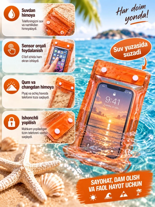 Telefon uchun suv o‘tkazmaydigan g‘ilof, germetik va universal chexol, basseyn uchun