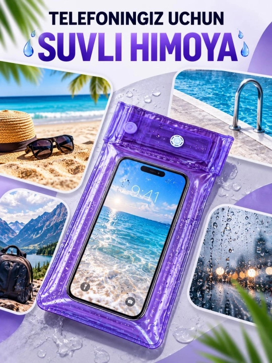 Telefon uchun suv o‘tkazmaydigan g‘ilof, germetik va universal chexol, basseyn uchun