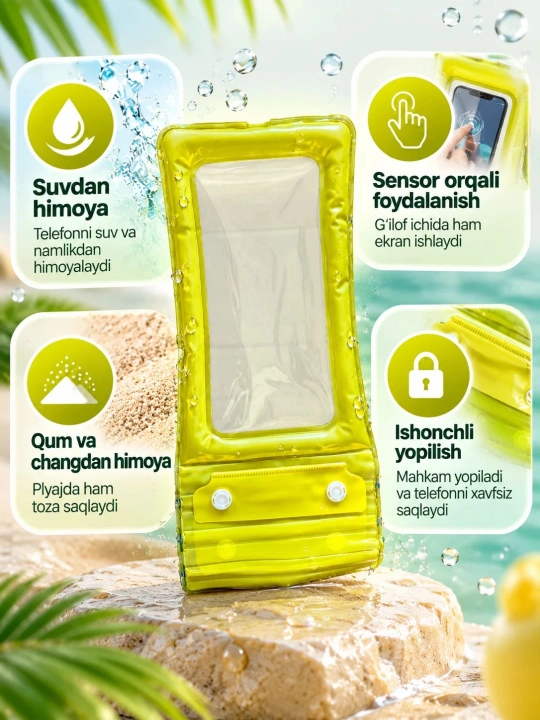 Telefon uchun suv o‘tkazmaydigan g‘ilof, germetik va universal chexol, basseyn uchun