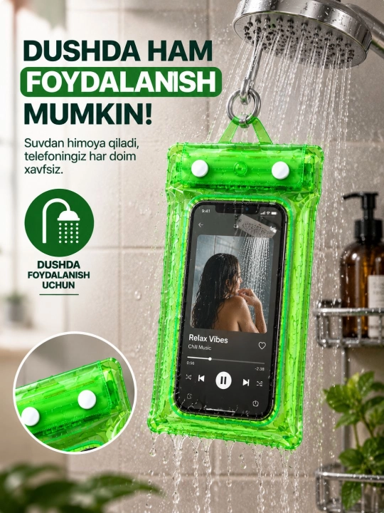 Telefon uchun suv o‘tkazmaydigan g‘ilof, germetik va universal chexol, basseyn uchun