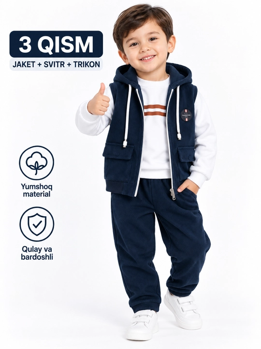 Bolalar kiyim to‘plami, o‘g‘il bolalar kostyumi, 3 qismli kiyim, jaket, svitr, trikon bola - 