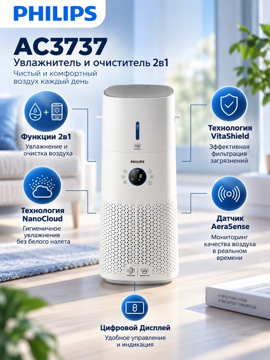 Очиститель и увлажнитель воздуха 2в1 Philips AC3737, климатический комплекс