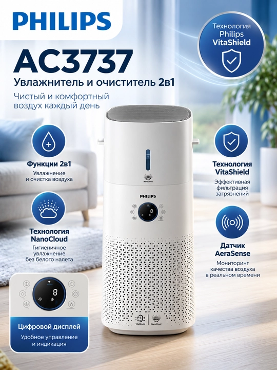 Очиститель и увлажнитель воздуха 2в1 Philips AC3737, климатический комплекс - 