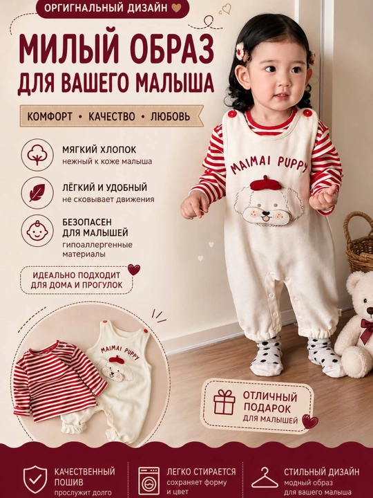 Детский комплект двойка. Лонгслив и комбинезон для малышей