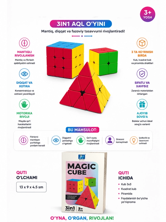 Uno karta o‘yini, Magic Cube 3v1 Rubik kubigi, boshqotirmalar - 