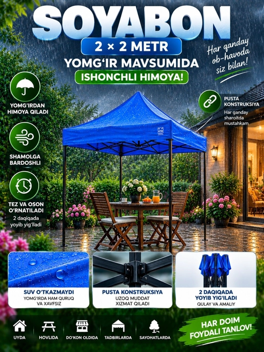 Hovli va dam olish uchun soyabon, quyosh va yomg‘irdan himoya, bog‘, kafe, plyaj uchun - 