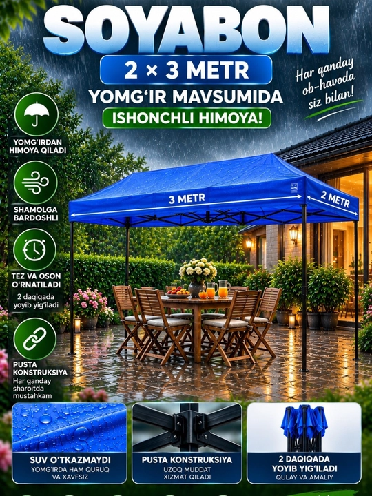Hovli va dam olish uchun soyabon, quyosh va yomg‘irdan himoya, bog‘, kafe, plyaj uchun - 
