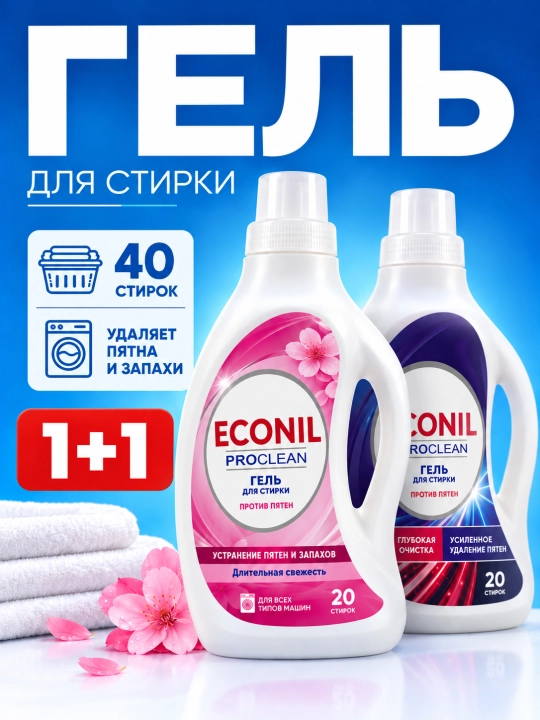 Econil kir yuvish geli 1 l+1 l=2 l, suyuq kir yuvish kukuni - 