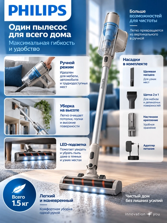Philips HX2011 2в1: вертикальный + ручной беспроводной пылесос, для уборки, аккумуляторный