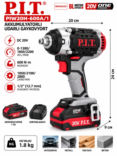 P.I.T. PIW20H-600A/1 20V akkumulyatorli zarbli gaykovert - 