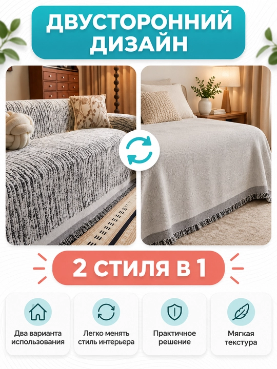 Divan va kreslolar uchun yopinchiq-pled, mebel uchun universal g‘ilof, choyshab 230x180 sm