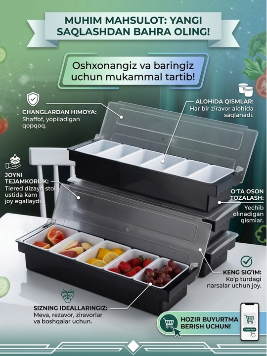 Meva va bar organayzeri, xolodilnik va oshxona uchun condiment dispenser konteyner - 