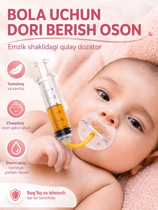 Bolalar uchun dori dozatori, shprits va emzik, suyuq dori berish uchun, 5 ml - 
