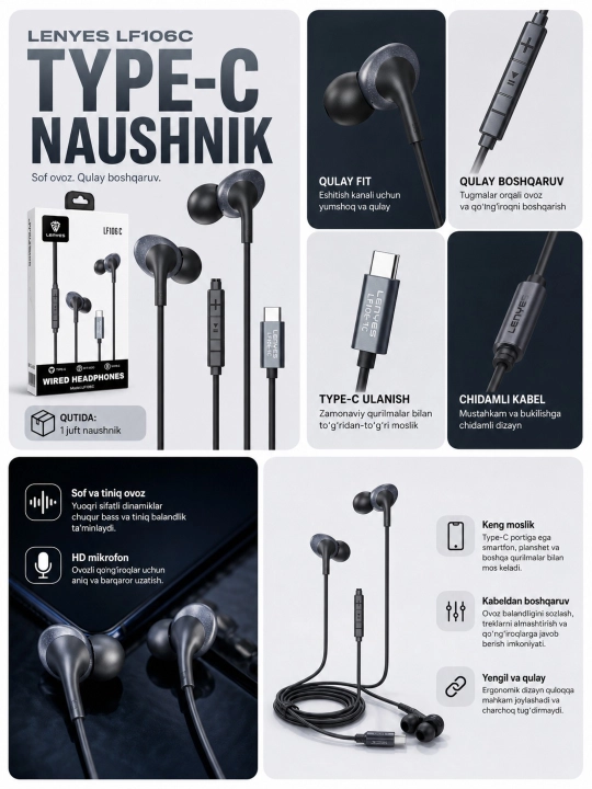 Lenyes LF106 Type-C, Vakumli Naushnik, Mikrofonli, Simli, Bass, Telefon uchun