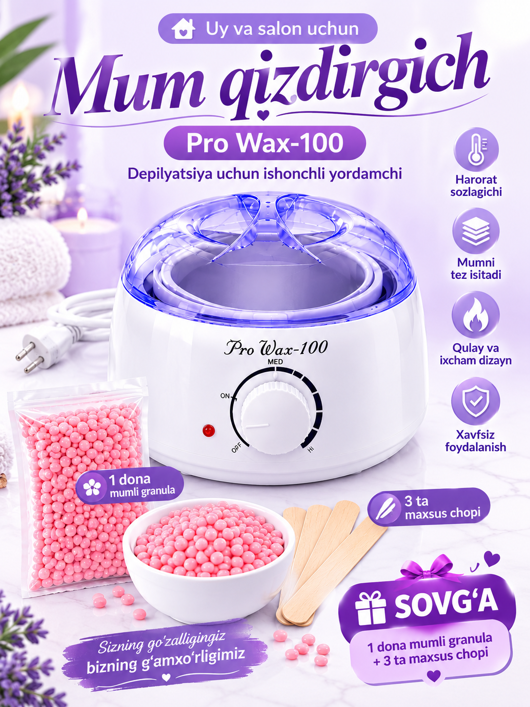 Mum qizdirgich, depilyatsiya, granulali  tuk olish va epilyatsiya depilyatsiya to‘plami, - 