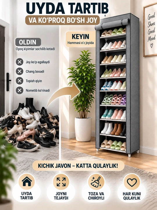 Oyoq kiyim uchun javon 3 tasi 1 da, poyabzal tokchasi va etajerka