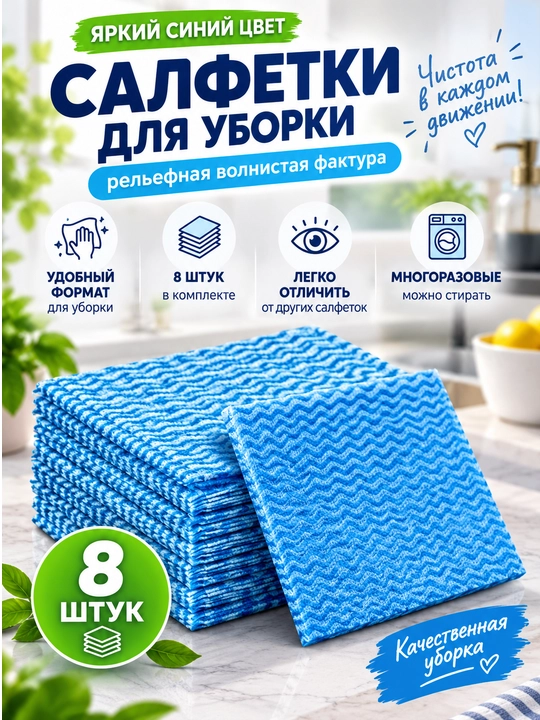 Универсальные тряпки-салфетки из вискозы для уборки, 8 шт - 