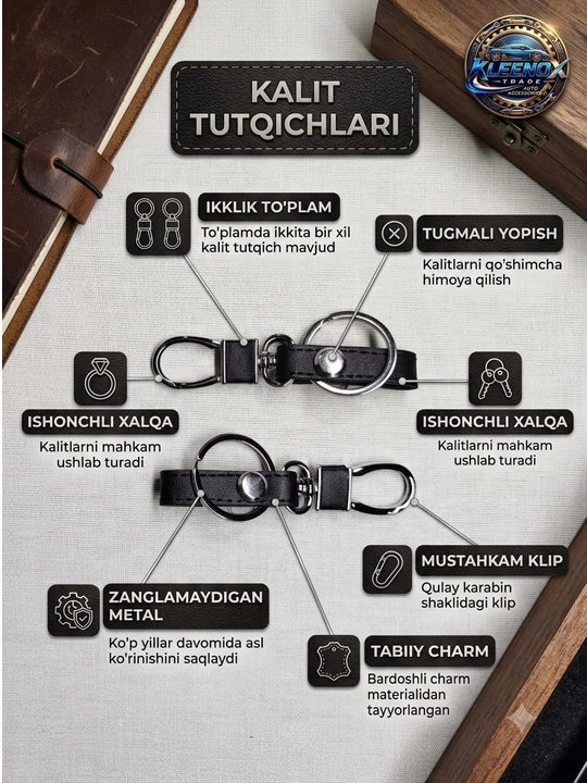 KLEENOX charm kalit tutqichi avto va uy uchun, karabinli uzuk, 2 dona