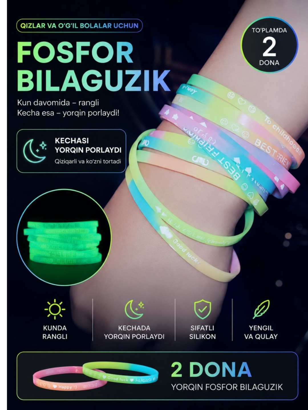 Qizlar va juftliklar uchun qorong'uda yonadigan fosforli bilaguzuklar to'plami. 2 dona - 