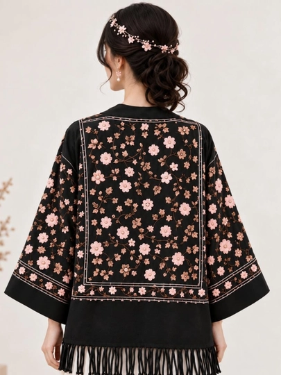 Ayollar kimono-kardigan, qora gulli naqshli, zamonaviy va nafis ustki kiyim, ayollar uchun