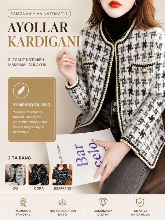 Yumshoq matoli, issiq va nafis, klassik ayollar kardigan - 
