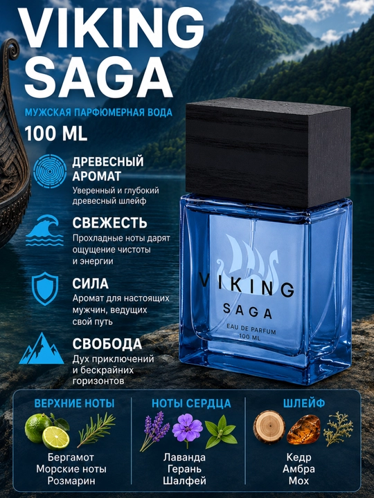 Viking Saga erkaklar uchun sitrus-yog‘och iforli parfyumlangan suvi, 100 ml - 