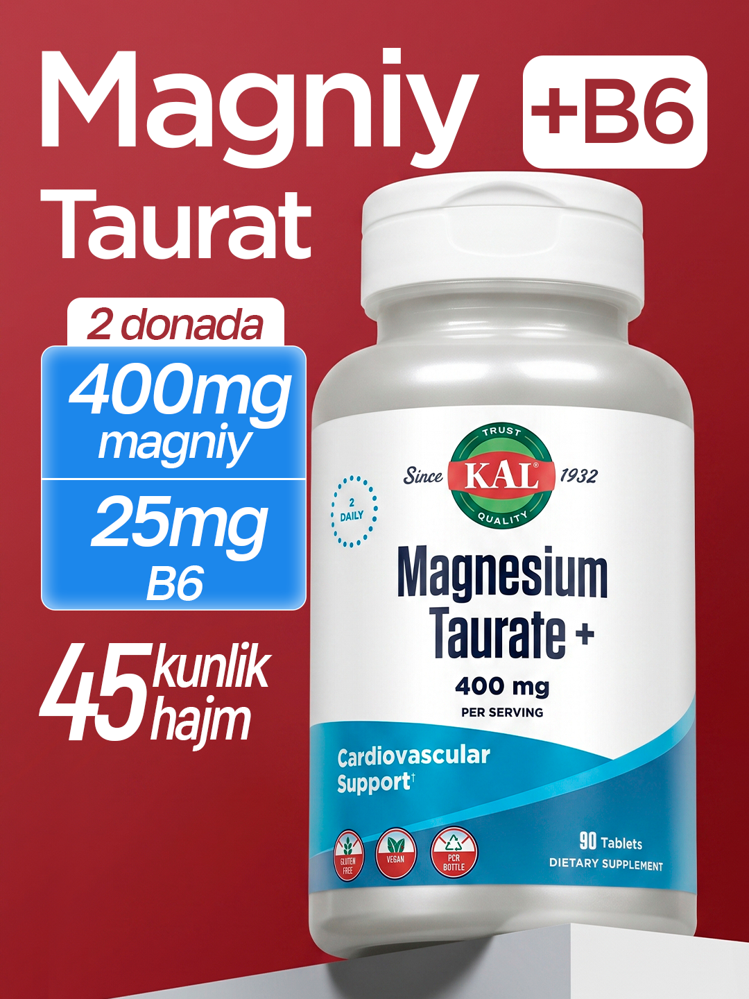 Таурат магния, KAL, Magnesium Taurate, 400 мг, 90 таблеток, США - 