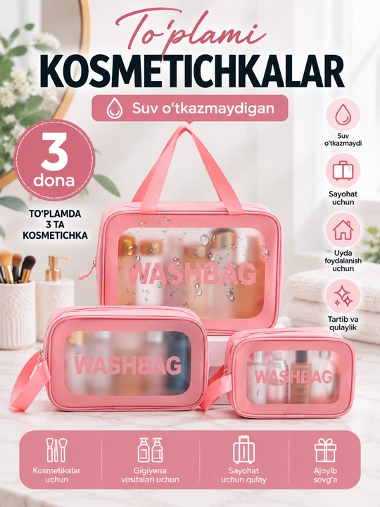 Набор прозрачных косметичек 3 в 1, дорожный органайзер для косметики, водонепроницаемый - 