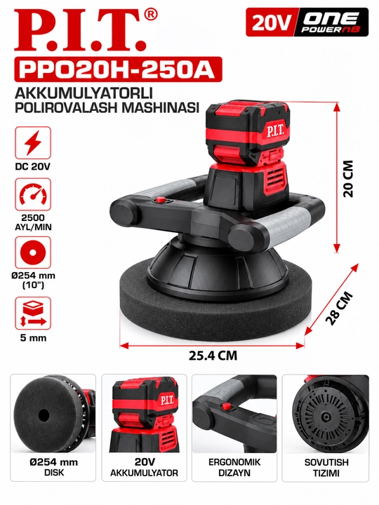 P.I.T. PPO20H-250A 20V akkumulyatorli polirovkalash mashinasi