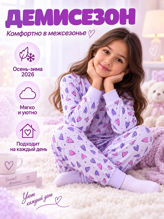 Пижама детская для девочки L'ACCENTO Heart, хлопок 100%, с сердечками