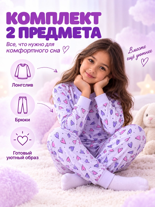 Пижама детская для девочки L'ACCENTO Heart, хлопок 100%, с сердечками