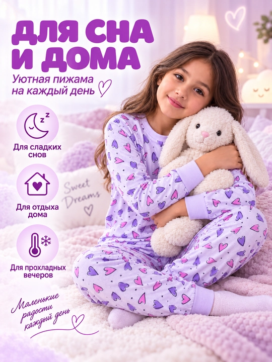 Пижама детская для девочки L'ACCENTO Heart, хлопок 100%, с сердечками