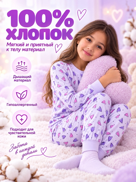 Пижама детская для девочки L'ACCENTO Heart, хлопок 100%, с сердечками