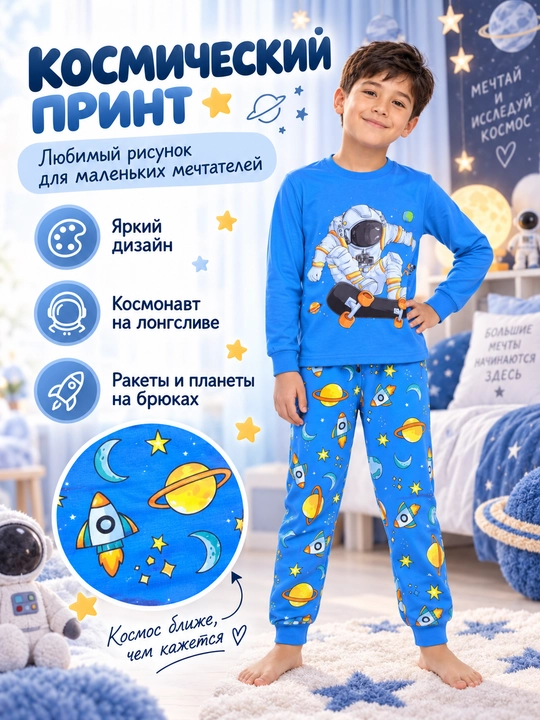 Пижама детская для мальчика L'ACCENTO Space, хлопок 100%, космос