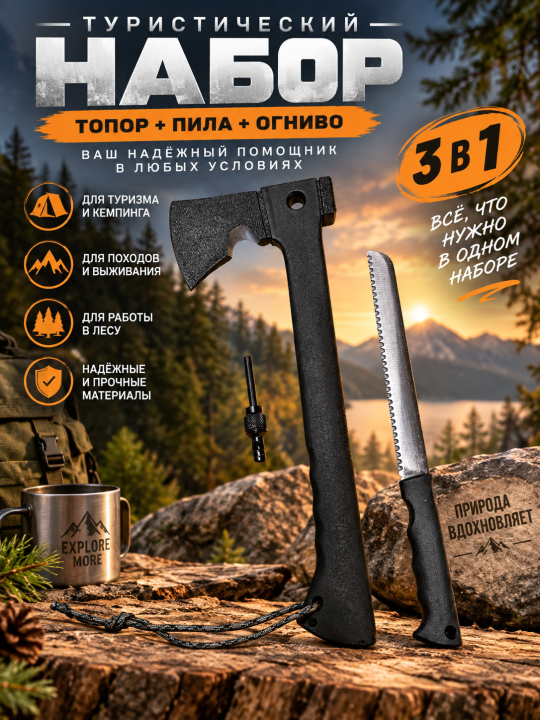 Turistik bolta 3 ta 1 da – arra va olov yoquvchi bilan, kemping, ov va baliq ovlash uchun - 