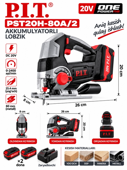 P.I.T. PST20H-80A/2 20V akkumulyatorli lobzik