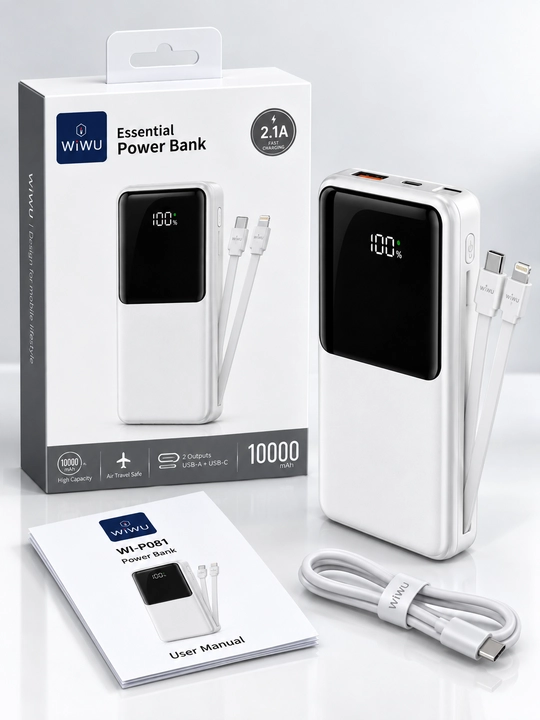 Power Bank WiWU WI-P081 10000 mAh , displeyli, o‘rnatilgan kabelli, 22.5W