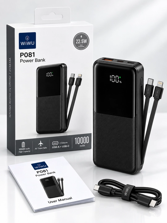 Power Bank WiWU WI-P081 10000 mAh , displeyli, o‘rnatilgan kabelli, 22.5W