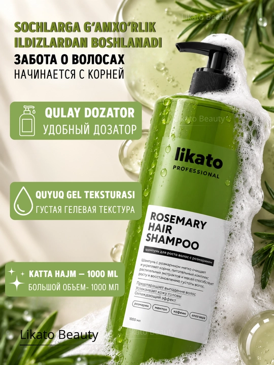Soch o‘sishi va to‘kilishiga qarshi LIKATO rozmarinli shampun, 1000 ml