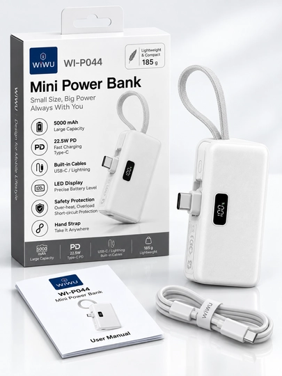 WiWU WI-P044 5000 mAh Power Bank, mini tashqi akkumulyator o‘rnatilgan kabel bilan