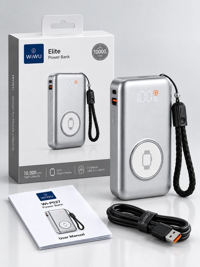 WiWU 10000 mAh Power Bank, displeyli tashqi akkumulyator, o‘rnatilgan kabel, kumush rang