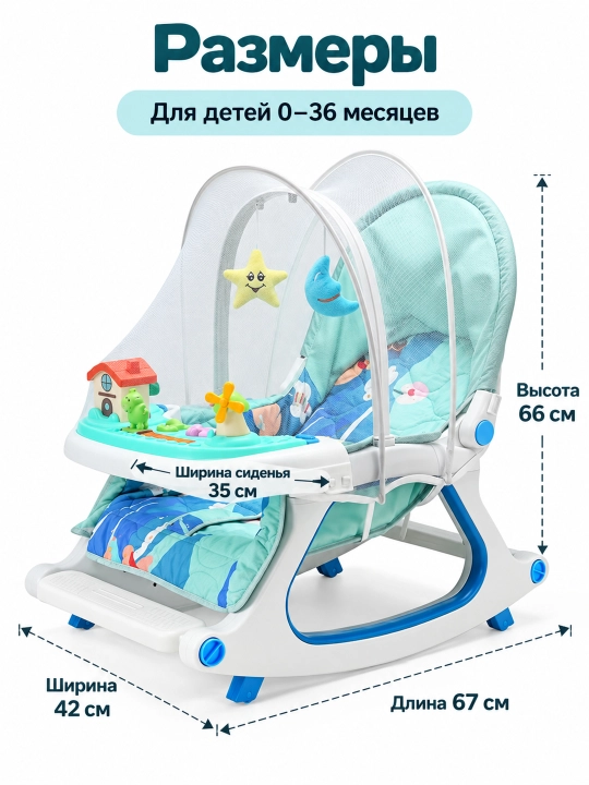Детская коляска 4 в 1: прогулочная, качалка, кресло, стульчик для кормления, 0–36 мес