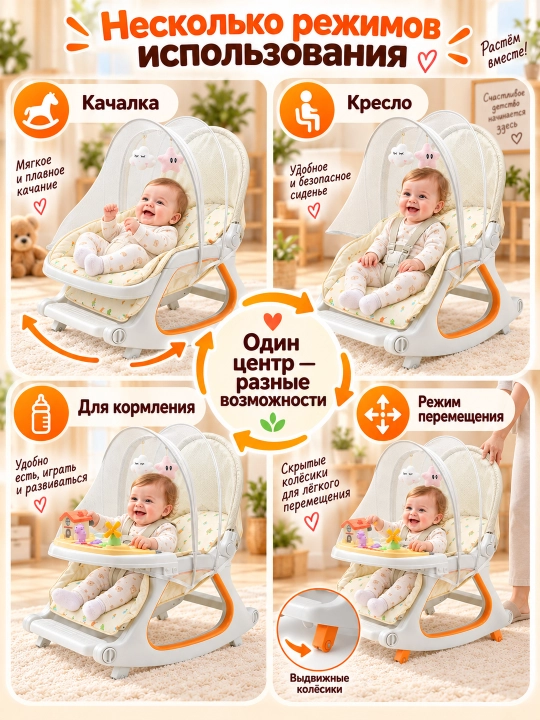 Детская коляска 4 в 1: прогулочная, качалка, кресло, стульчик для кормления, 0–36 мес