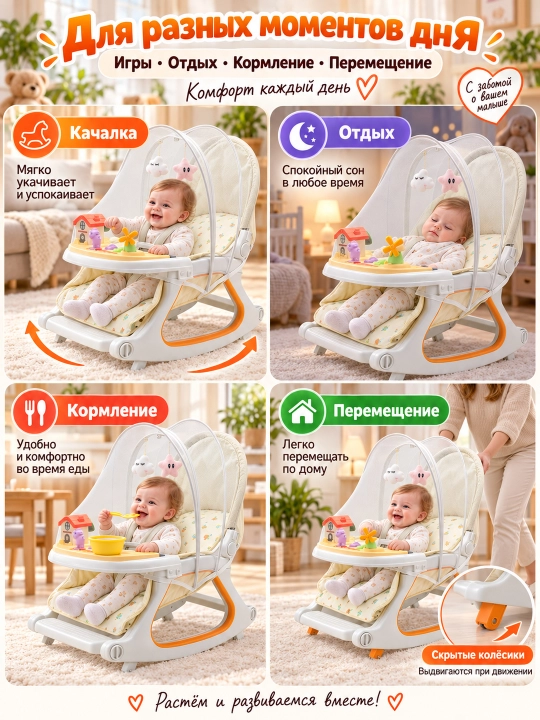 Детская коляска 4 в 1: прогулочная, качалка, кресло, стульчик для кормления, 0–36 мес