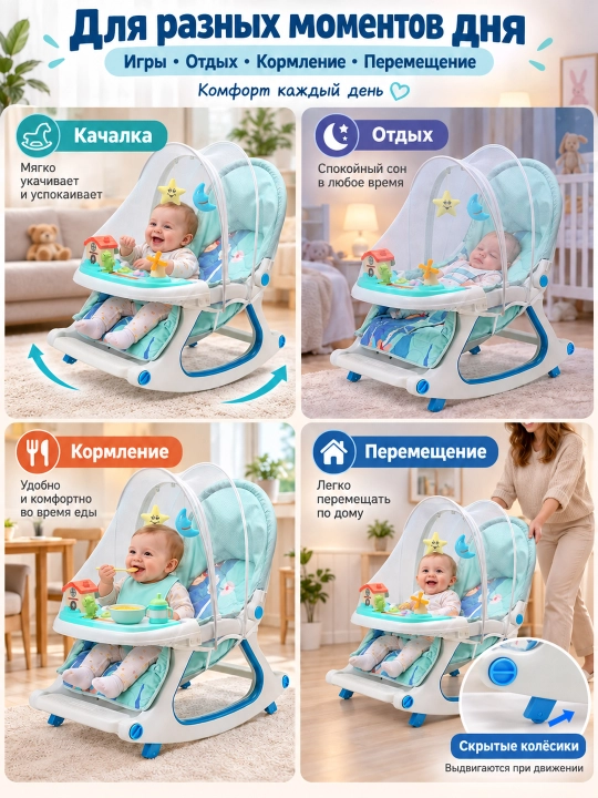 Детская коляска 4 в 1: прогулочная, качалка, кресло, стульчик для кормления, 0–36 мес