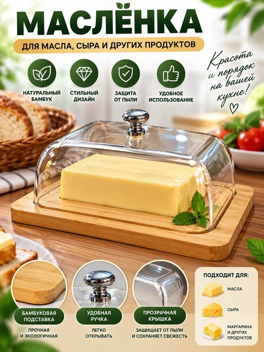 Маслёнка для масла и сыра, с прозрачной акриловой крышкой и основой из нержавейки